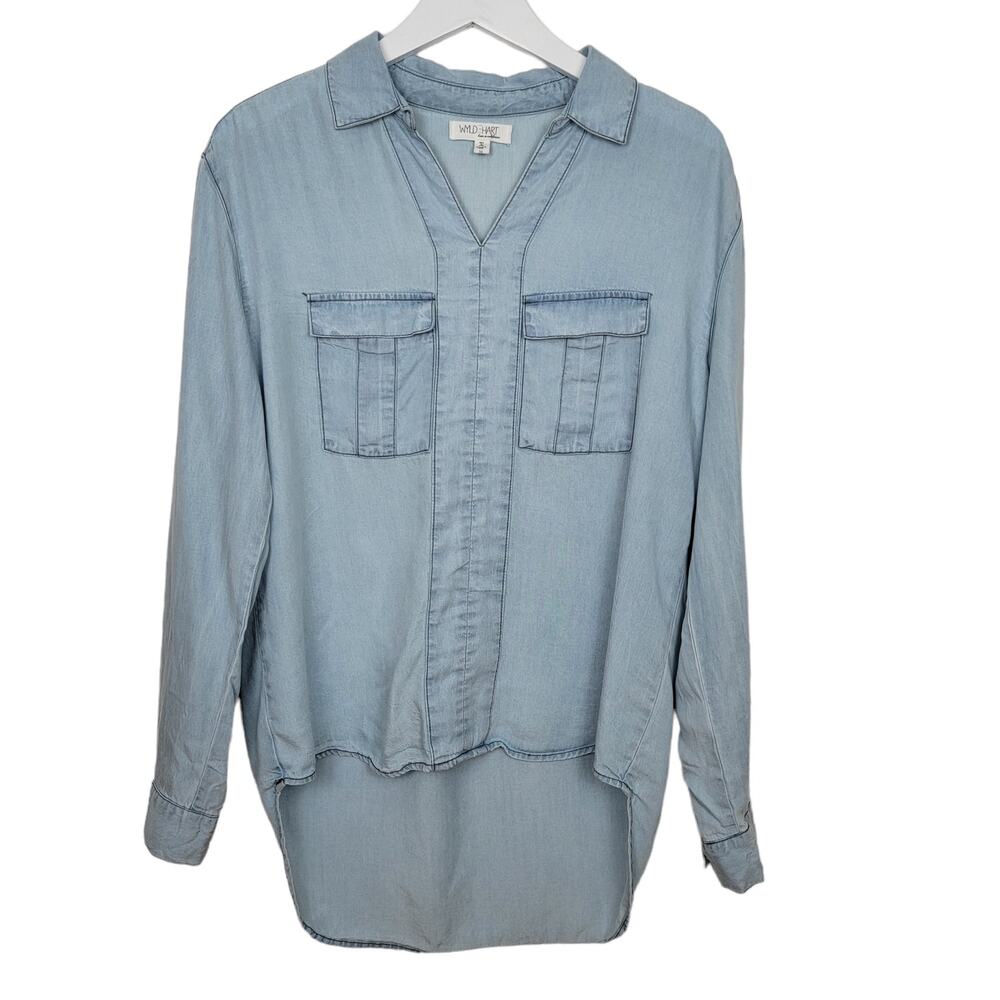 WYLD HART 100% Tencel Lyocell Chambray Pullover High Low Oversized Tunic Top - M